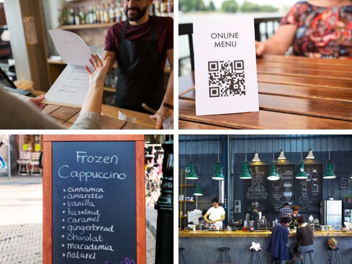 college of four different types of coffee shop menus with items listed