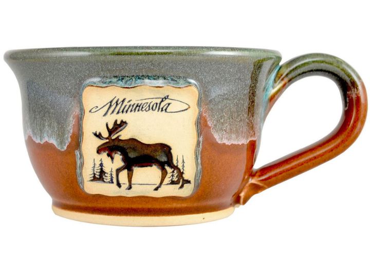 soup bowl with handle with an image of a moose and the text 'minnesota'