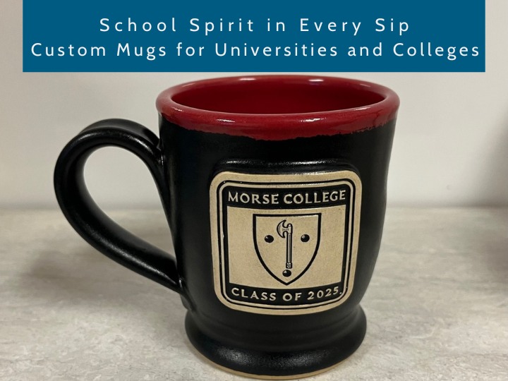 black coffee mug with red rim and a school logo, the text' school spirit in every sip - custom mugs for universities and colleges' above the photo.