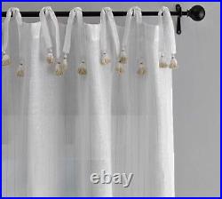 2X Pottery Barn Striped WHITE Linen Tassel 50 x 108 Tie Top Sheer Curtains