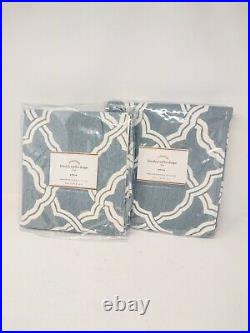 2 NEW Pottery Barn Kendra Trellis Linen Cotton Curtains Blue Teal 84