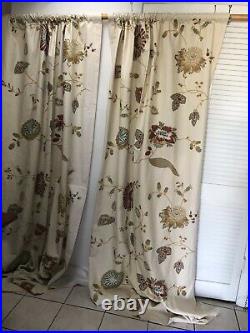 2 POTTERY BARN Crewel Embroidered Margaritte Curtains Cotton Linen 50x96 Lined