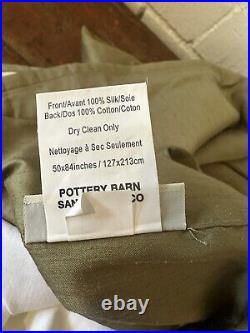 2 Pottery Barn Silk Dupioni Cotton Lined Drapes Curtains Olive Green PAIR 50x84