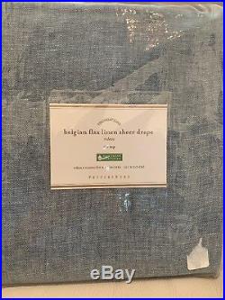 4PC Pottery Barn Belgian Flax Linen SHEER 50x84 DRAPES CHAMBRAY BLUE TIE TOP