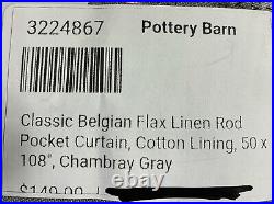 Belgian Flax Linen Rod Pocket Curtain, Cotton Lining, 50 x 108, Chambray Gray