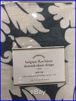New Pottery Barn Belgian Flax Linen Damask Sheer Drapes 50 x 84 Set of 2 Blue
