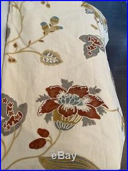 POTTERY BARN Crewel Embroidered Drapes Curtains 2 boho floral 50X108 tan linen