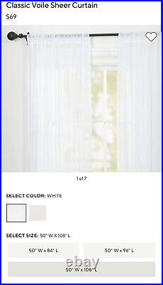 Pottery Barn Classic Voile Rod Pocket Sheer Curtain 50 x 108 White (4)