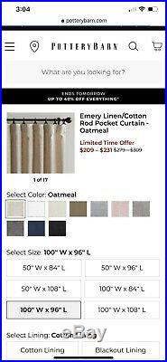 Pottery Barn Flax Linen Curtains Set Of 2 Panels 100w X 96L