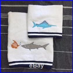 Pottery Barn Kids shark shower curtain Bath Towel hand towel bath mat navy 4pc
