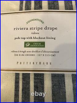 Pottery Barn Riviera Stripe Curtain Drape Panel 50x84 Navy Blackout Linen Cotton