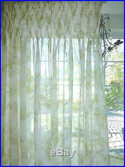 Set Of 2 POTTERY BARN SMOCKED Floral Sage White SEMI-SHEER Curtain Panels
