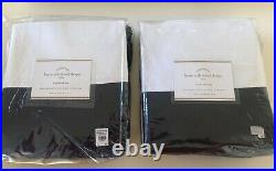 TWO New Pottery Barn Linen Silk Navy White Border Curtains Blackout Drapes 96
